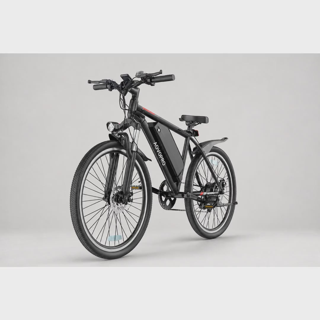 AOVOPRO product video for AOVOPRO Adult Electric Bicycle 250W Electric Bicycle 48V 5.2/9Ah Battery 25KM/H Speed 26-inch Wheels Electric Mountain Bike