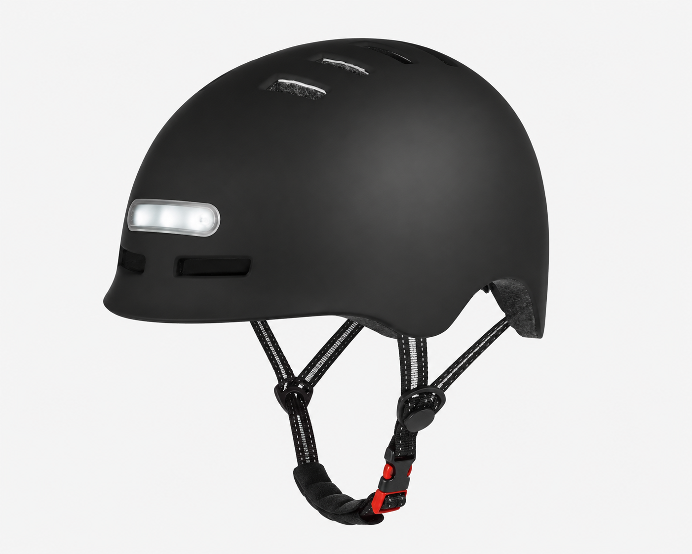 A matte black bicycle helmet with a front light bar and black adjustable straps, shown against a light gray background.