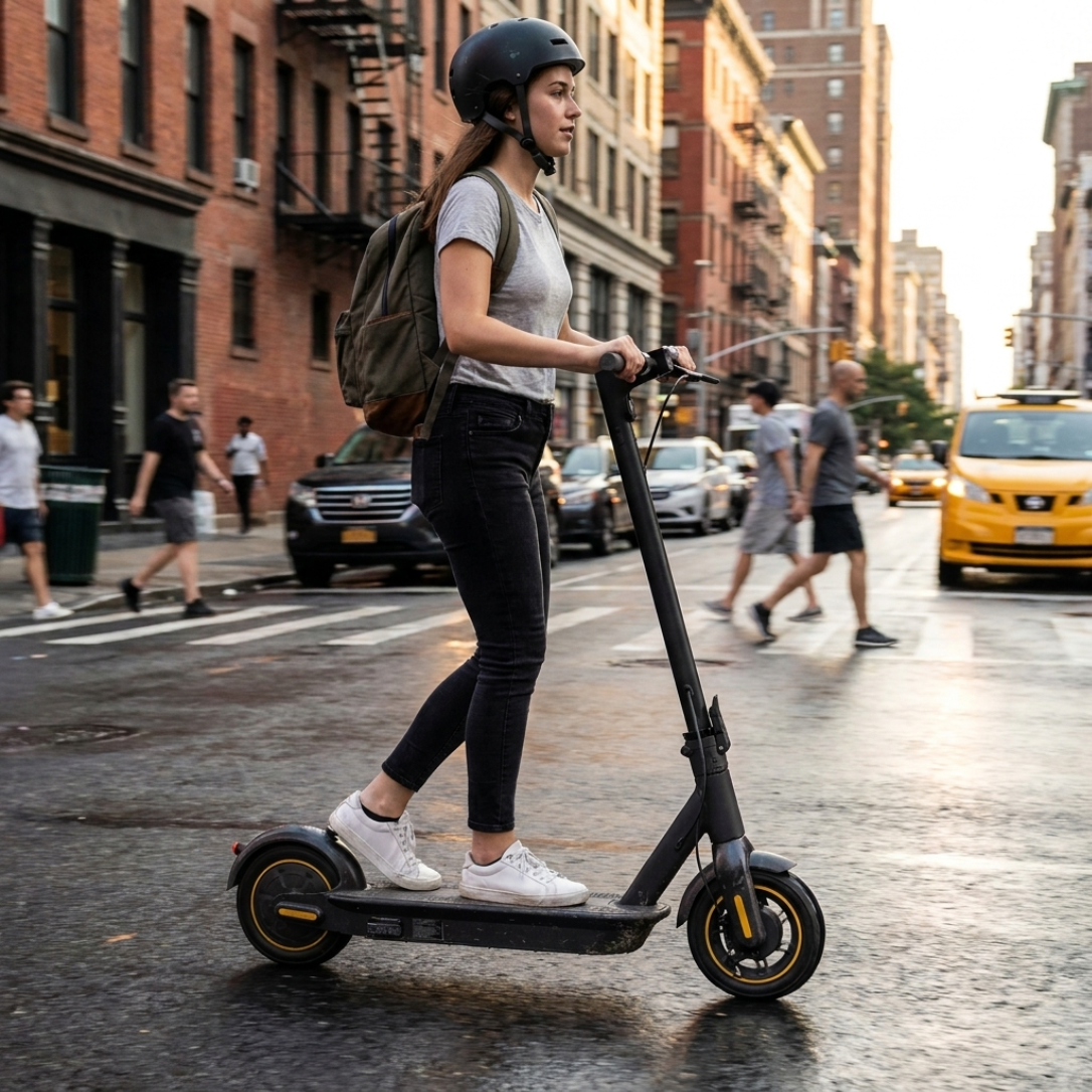 Rider with an AOVOPRO electric scooter in the city